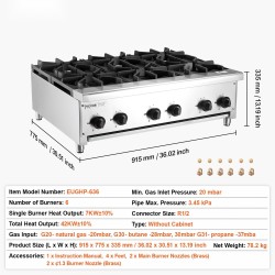 Kaasuliesi kuusi poltinta ruostumatonta terästä työpöytämalli maakaasu muunnettavissa propaanille neljäkymmentäkaksi kilowattia