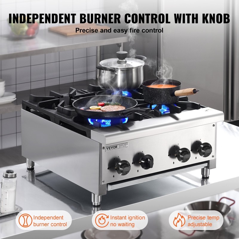 Kaasuliesi neljä poltinta ruostumaton teräs pöytämallinen 28 kW maakaasun ja propaanin yhteensopiva