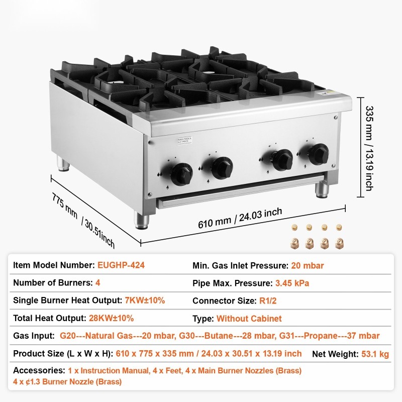 Kaasuliesi neljä poltinta ruostumaton teräs pöytämallinen 28 kW maakaasun ja propaanin yhteensopiva