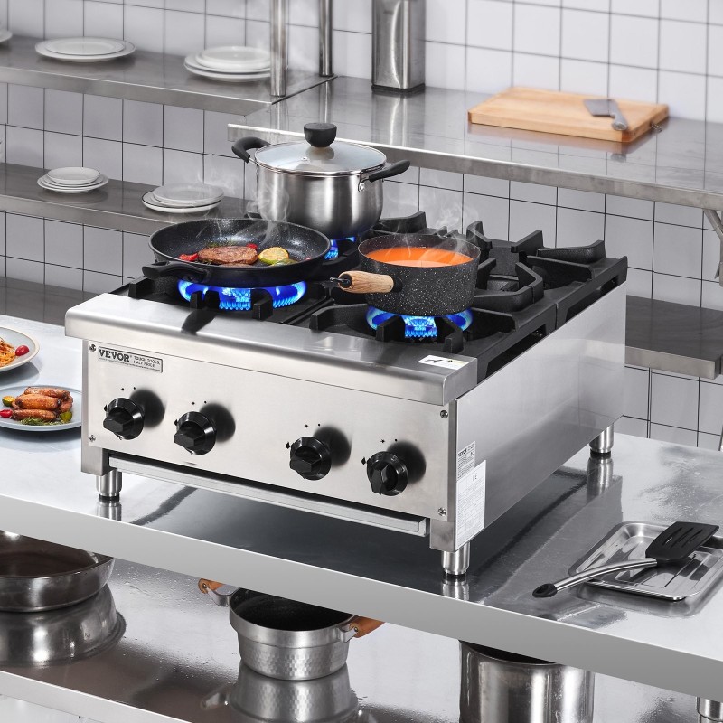 Kaasuliesi neljä poltinta ruostumaton teräs pöytämallinen 28 kW maakaasun ja propaanin yhteensopiva