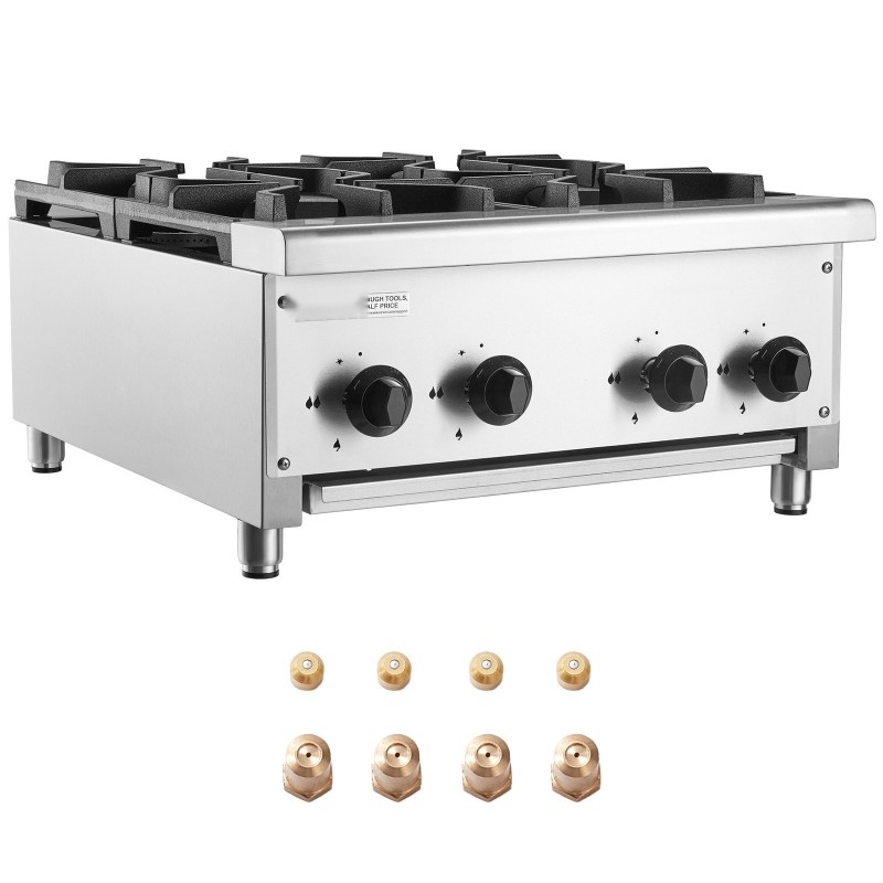 Kaasuliesi neljä poltinta ruostumaton teräs pöytämallinen 28 kW maakaasun ja propaanin yhteensopiva