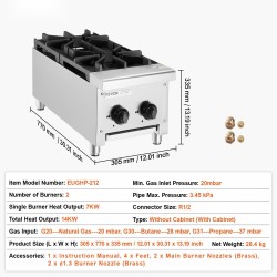 Kaasuliesi pöytämallinen kaksi polttinta ruostumaton teräs 14 kW maakaasu ja propaani
