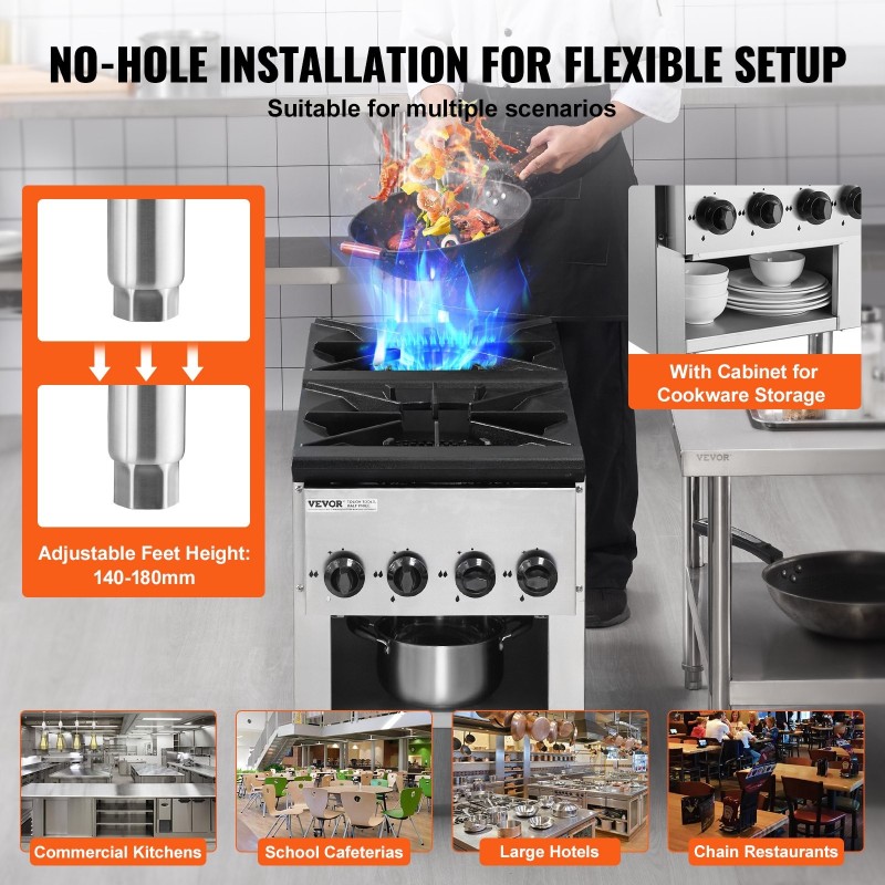 Kaasuliesi kaksi poltinta ruostumaton teräs viisikymmentäkaksi kilowattia maakaasu ja propaani alakaapilla