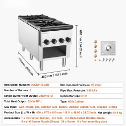 Kaasuliesi kaksi poltinta ruostumaton teräs viisikymmentäkaksi kilowattia maakaasu ja propaani alakaapilla