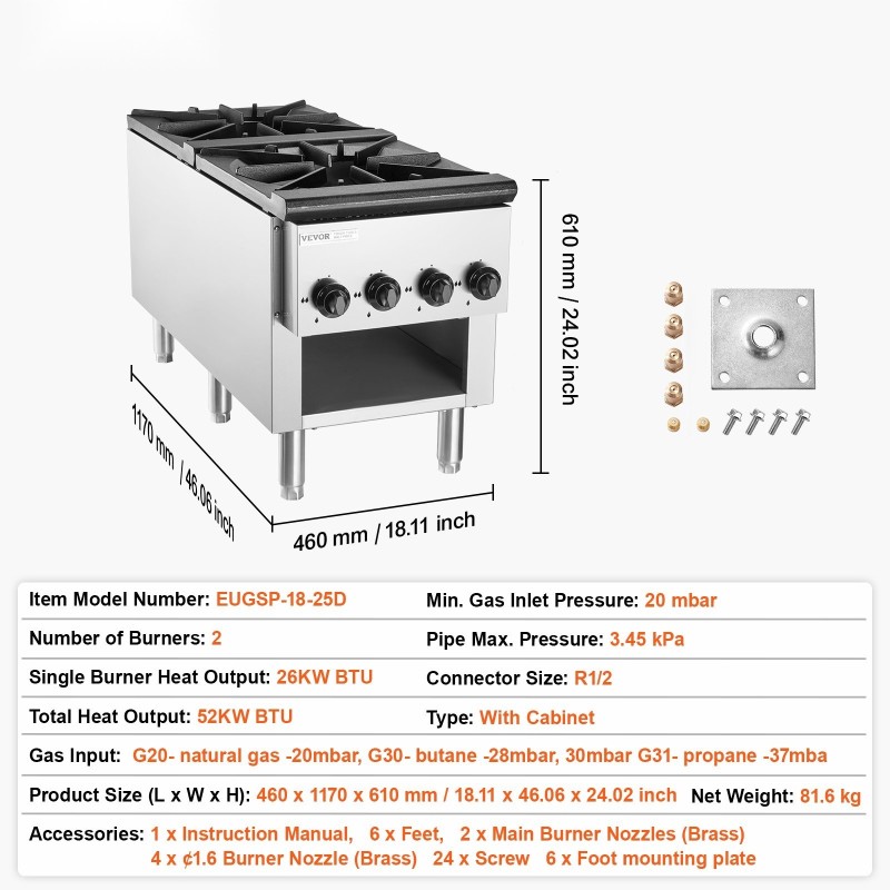 Kaasuliesi kaksi poltinta ruostumaton teräs viisikymmentäkaksi kilowattia maakaasu ja propaani alakaapilla