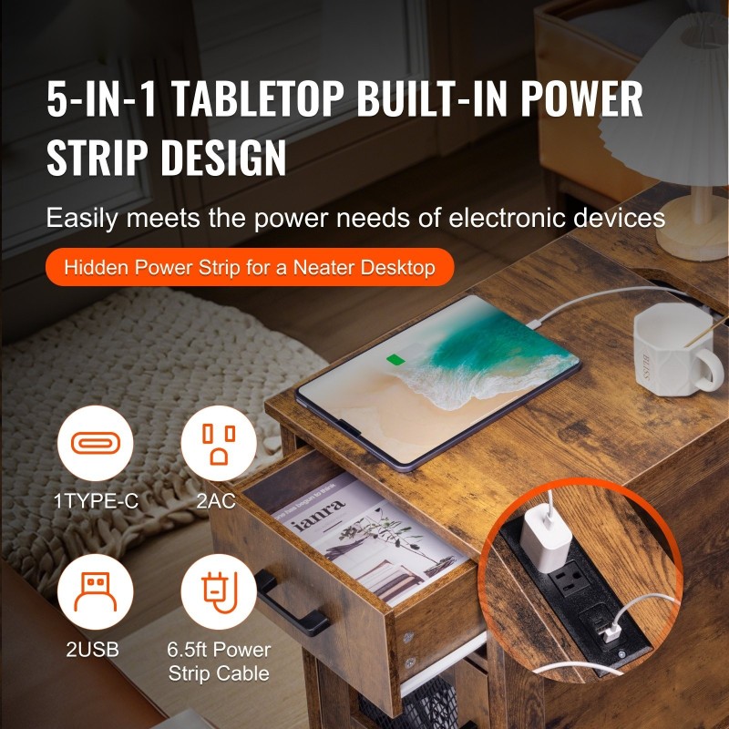 Yöpöytä lastulevy ja MDF-levy 3 tasoa kaappi ja laatikko virtapaneelilla luonnonpuun värissä