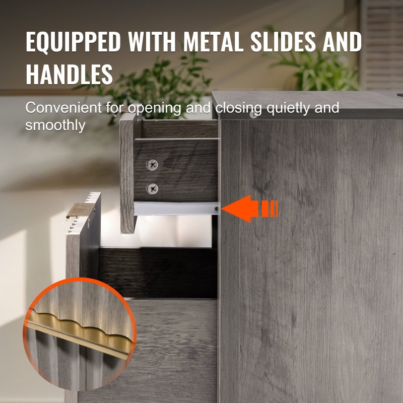 Päätypöytä 2 kpl neliö kolmitasoinen lastulevy harmaa kaappi 2 laatikkoa latausasema