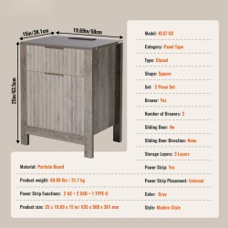 Päätypöytä 2 kpl neliö kolmitasoinen lastulevy harmaa kaappi 2 laatikkoa latausasema