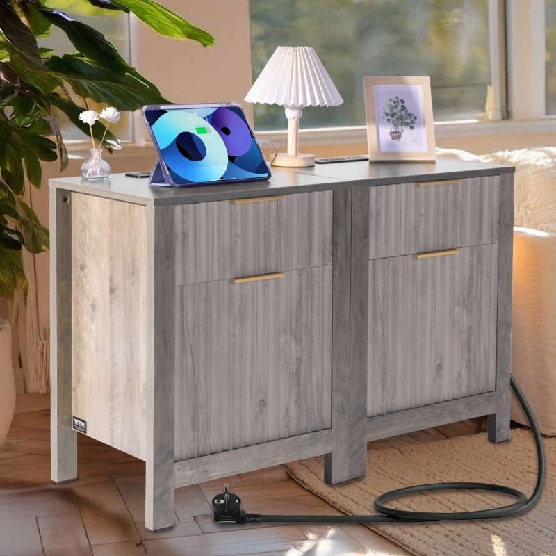 Päätypöytä 2 kpl neliö kolmitasoinen lastulevy harmaa kaappi 2 laatikkoa latausasema