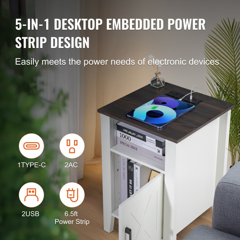 Sivupöydät 2 kpl valkoinen lastulevy neliö 3-tasoinen kaapilla virtapaneelilla LED-valoilla