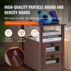 Sivupöytä lastulevy ja tiheälevy kapea ruskea neljä tasoa kaksi laatikkoa virtapaneelilla