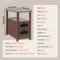 Sivupöytä lastulevy ja tiheälevy kapea ruskea neljä tasoa kaksi laatikkoa virtapaneelilla