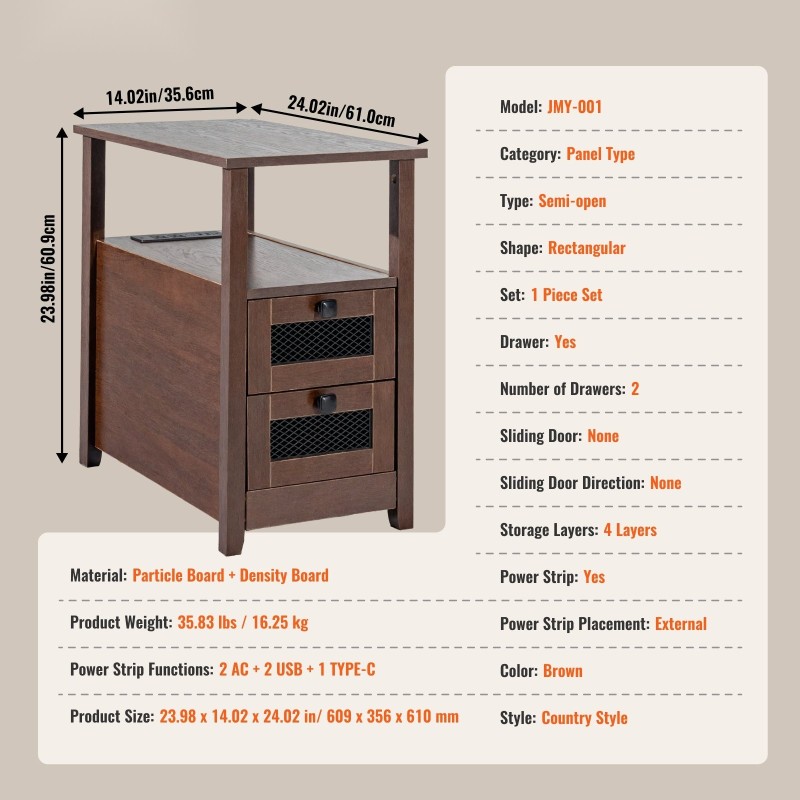 Sivupöytä lastulevy ja tiheälevy kapea ruskea neljä tasoa kaksi laatikkoa virtapaneelilla