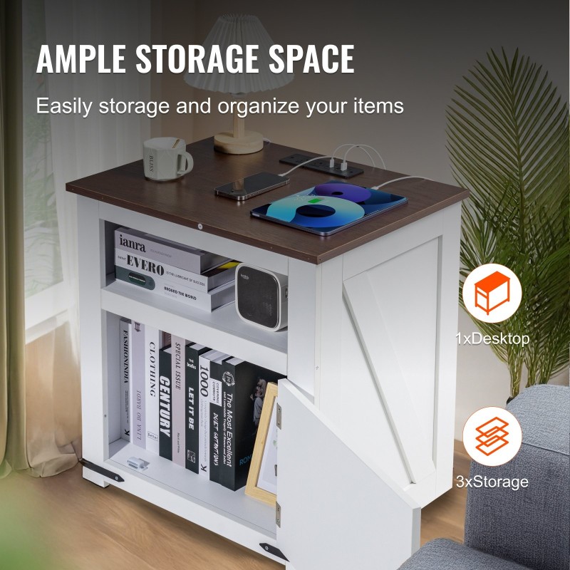 Sivupöytä neliö valkoinen lastulevy MDF kolmitasoinen kaapilla virtapaneelilla