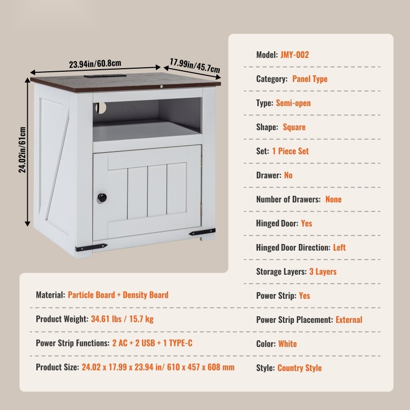 Sivupöytä neliö valkoinen lastulevy MDF kolmitasoinen kaapilla virtapaneelilla