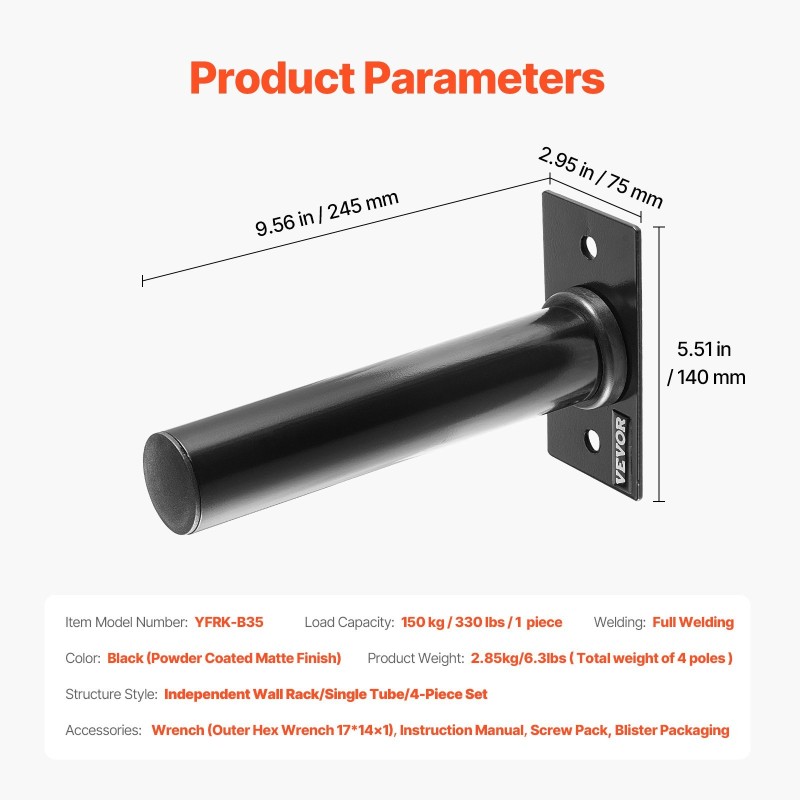 Seinään asennettava rautainen levypainoteline 2-tuumaisille 150 kg kuormankesto 4 kpl
