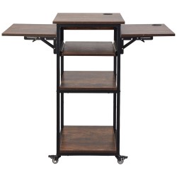 Lämpöprässipöytä nelitasoinen pyörällinen taitettavalla sivupöydällä ruskea sisäänrakennetulla latausasemalla teräsrungolla