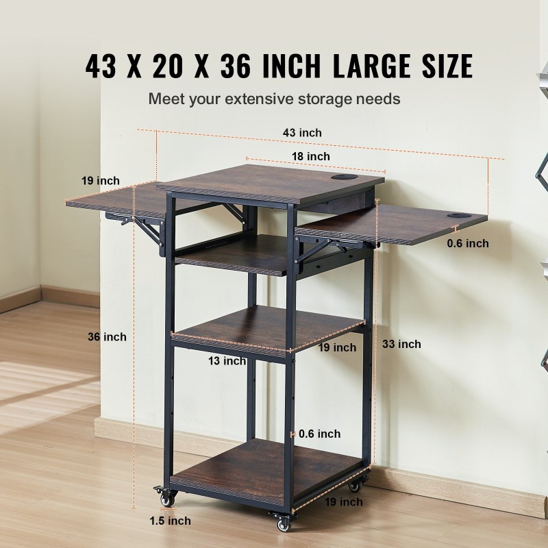 Lämpöprässipöytä nelitasoinen pyörällinen taitettavalla sivupöydällä ruskea sisäänrakennetulla latausasemalla teräsrungolla