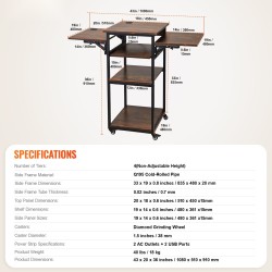 Lämpöprässipöytä nelitasoinen pyörällinen taitettavalla sivupöydällä ruskea sisäänrakennetulla latausasemalla teräsrungolla