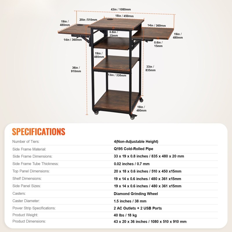 Lämpöprässipöytä nelitasoinen pyörällinen taitettavalla sivupöydällä ruskea sisäänrakennetulla latausasemalla teräsrungolla