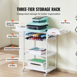 Lämpöprässäyspöytä 3-tasoinen metallirunkoinen taitettava sivupöytä pyörillä 18-lokeroinen vinyylirullateline valkoinen