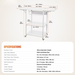 Lämpöprässäyspöytä 3-tasoinen metallirunkoinen taitettava sivupöytä pyörillä 18-lokeroinen vinyylirullateline valkoinen