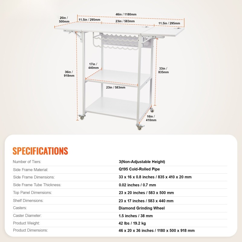 Lämpöprässäyspöytä 3-tasoinen metallirunkoinen taitettava sivupöytä pyörillä 18-lokeroinen vinyylirullateline valkoinen