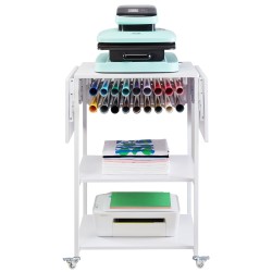 Lämpöprässäyspöytä 3-tasoinen metallirunkoinen taitettava sivupöytä pyörillä 18-lokeroinen vinyylirullateline valkoinen