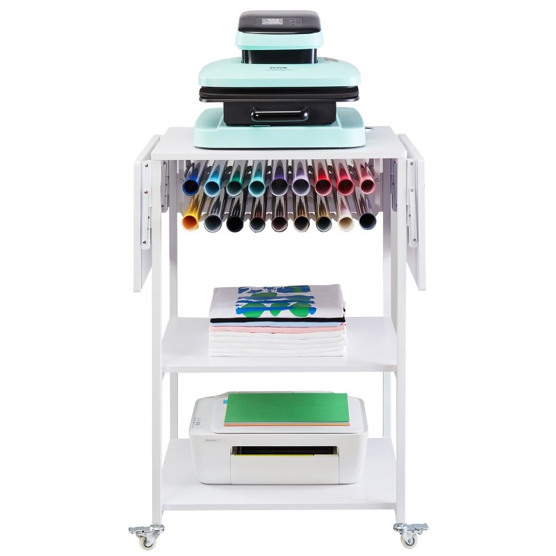 Lämpöprässäyspöytä 3-tasoinen metallirunkoinen taitettava sivupöytä pyörillä 18-lokeroinen vinyylirullateline valkoinen