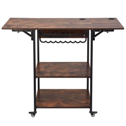 Lämpöprässipöytä kolmitasoinen metallirunkoinen pyörillä taitettava sivupöytä 18 osastoinen vinyylirullateline ruskea