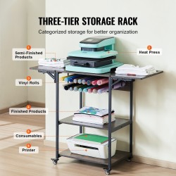 Lämpöprässipöytä kolmitasoinen metallirunkoinen pyörillä taitettava sivupöytä 18-osastoinen vinyylirullateline ruskea