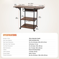Lämpöprässipöytä kolmitasoinen metallirunkoinen pyörillä taitettava sivupöytä 18-osastoinen vinyylirullateline ruskea