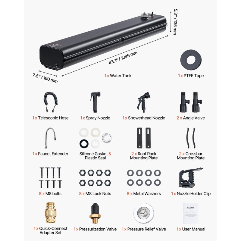 Kattotelineeseen asennettava alumiininen vesitankki 17 L paineliitännällä teleskooppiletkulla roiskesuojilla T-urakiinnityksellä