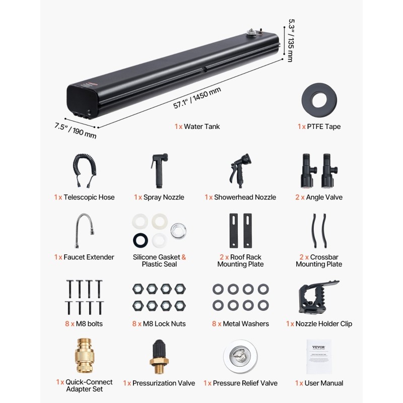 Alumiininen vesitankki 26,5 L paineistettava kattotelineisiin T-uralla roiskesuojilla ja teleskooppiletkulla