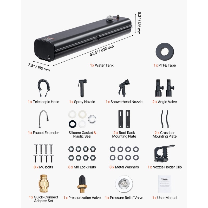 Kattotelineeseen kiinnitettävä alumiininen vesisäiliö 15 l paineistusliitännällä T-kiskokiinnityksellä kahdella