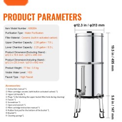 Pöytämallinen vedenpuhdistin ruostumatonta terästä 7,8 litraa yläosa 8,5 litraa alaosa ilman sähköä