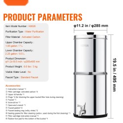 Työtason painovoimainen vedenpuhdistin ruostumaton teräs 8,5 l 2 hiilisuodatinta