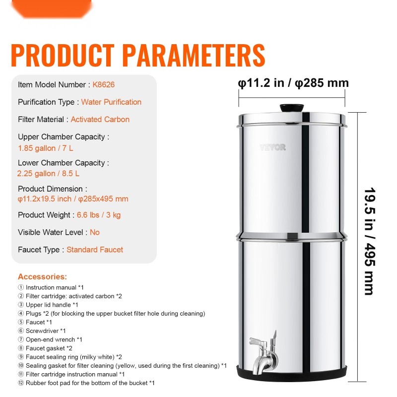 Työtason painovoimainen vedenpuhdistin ruostumaton teräs 8,5 l 2 hiilisuodatinta