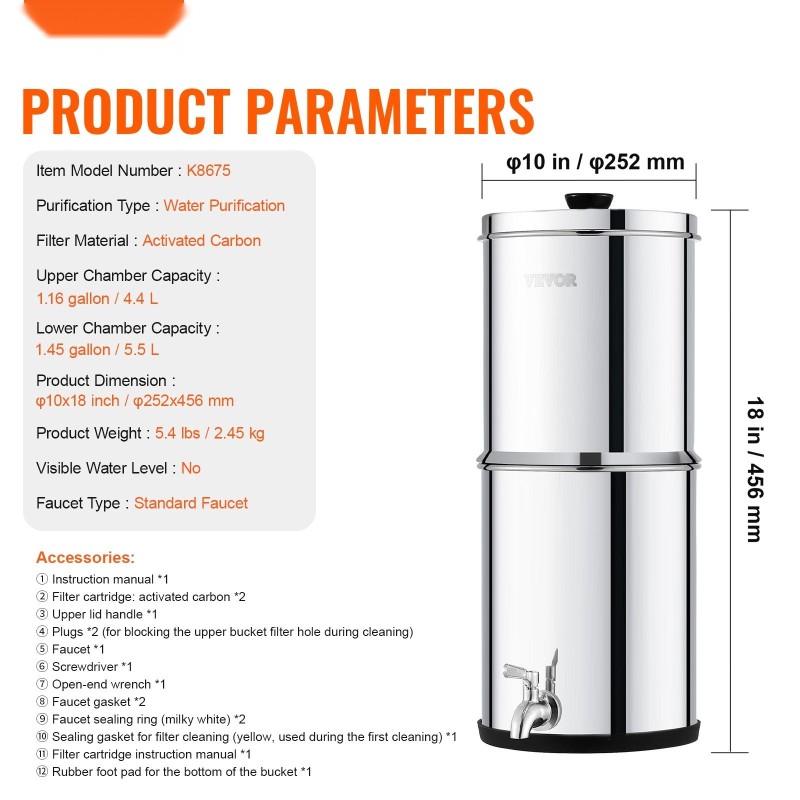 Painovoimainen vedenpuhdistin SUS304-ruostumaton teräs työtasomalli 1,5 gallonaa kaksi hiilisuodatinta