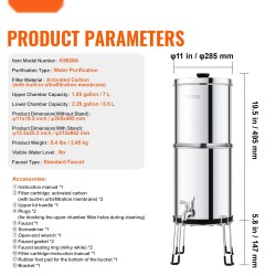 Pöytämallinen painovoimainen vedensuodatin 304-ruostumatonta terästä yläsäiliö 7 l alasäiliö 8,5 l