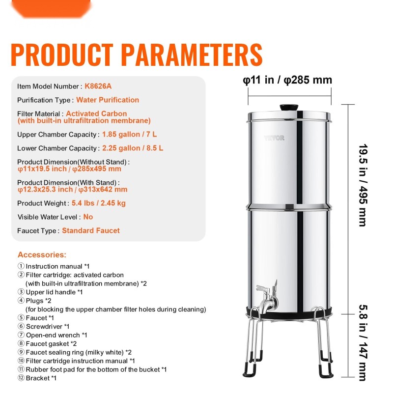 Pöytämallinen painovoimainen vedensuodatin 304-ruostumatonta terästä yläsäiliö 7 l alasäiliö 8,5 l