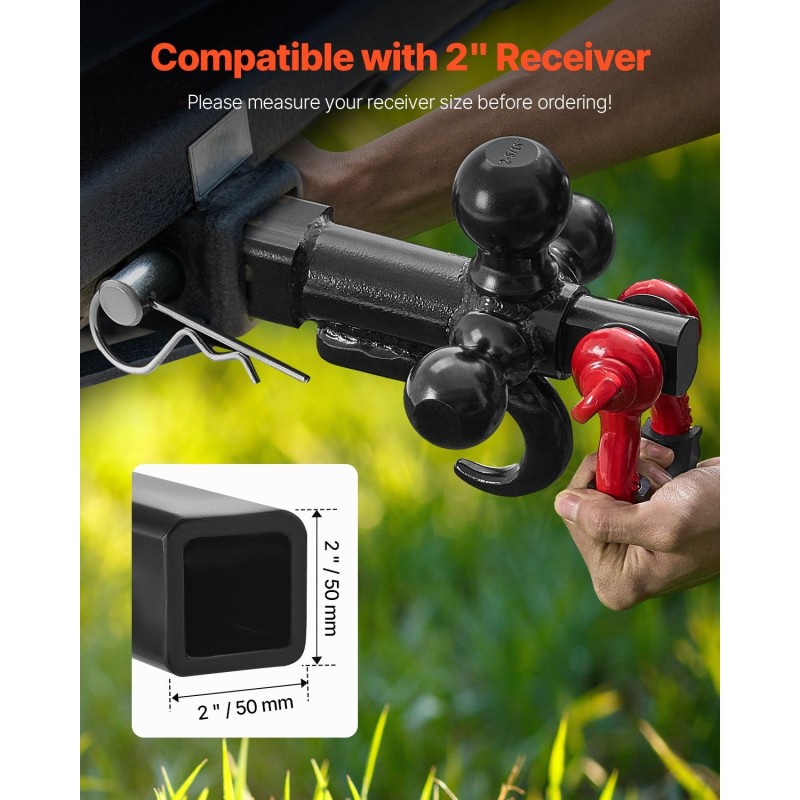 Kolmipalloinen hiiliteräksinen vetokuula D-rengas ja koukku 50 mm vastaanottimeen 19955 kg vetokapasiteetti