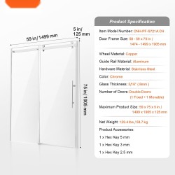 Runkoton liukuva suihkuovi 8 mm karkaistu lasi leveys 1474-1499 mm 1905 mm