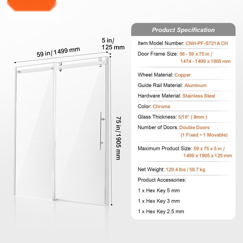 Runkoton liukuva suihkuovi 8 mm karkaistu lasi leveys 1474-1499 mm 1905 mm