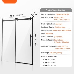 Kehyksetön suihkuovi mattamusta 8 mm karkaistu kirkas lasi 1474–1499 mm