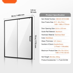 Puolikehyksinen liukuovi suihkuun alumiinikehys 1459–1499×1778 mm 6 mm karkaistu turvalasi mattamusta