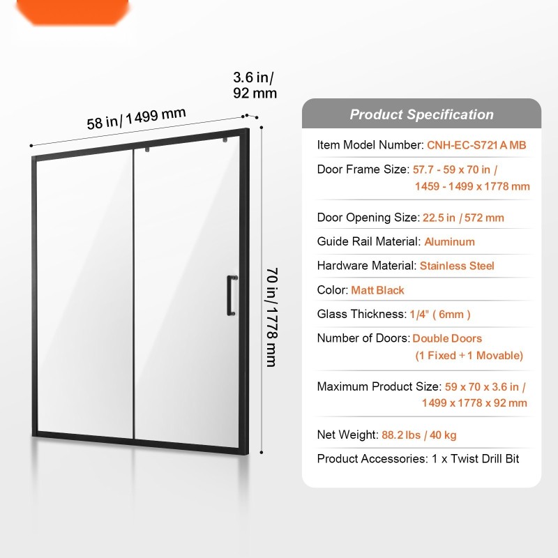 Puolikehyksinen liukuovi suihkuun alumiinikehys 1459–1499×1778 mm 6 mm karkaistu turvalasi mattamusta