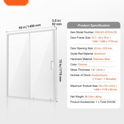 Puoli-kehyksetön liukuovi suihkuun alumiinirunko 1459-1499 mm 1778 mm 6 mm karkaistu lasi