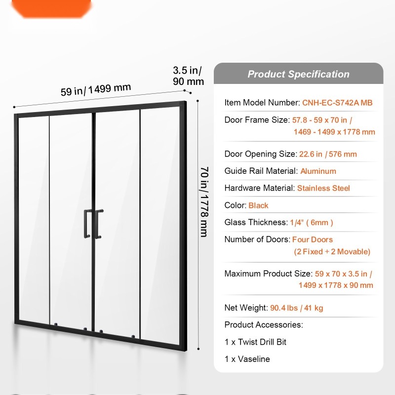 Suihkuovi puolikehyksetön 6 mm karkaistu lasi 1469–1499 x 1778 mm musta teräsvetimet