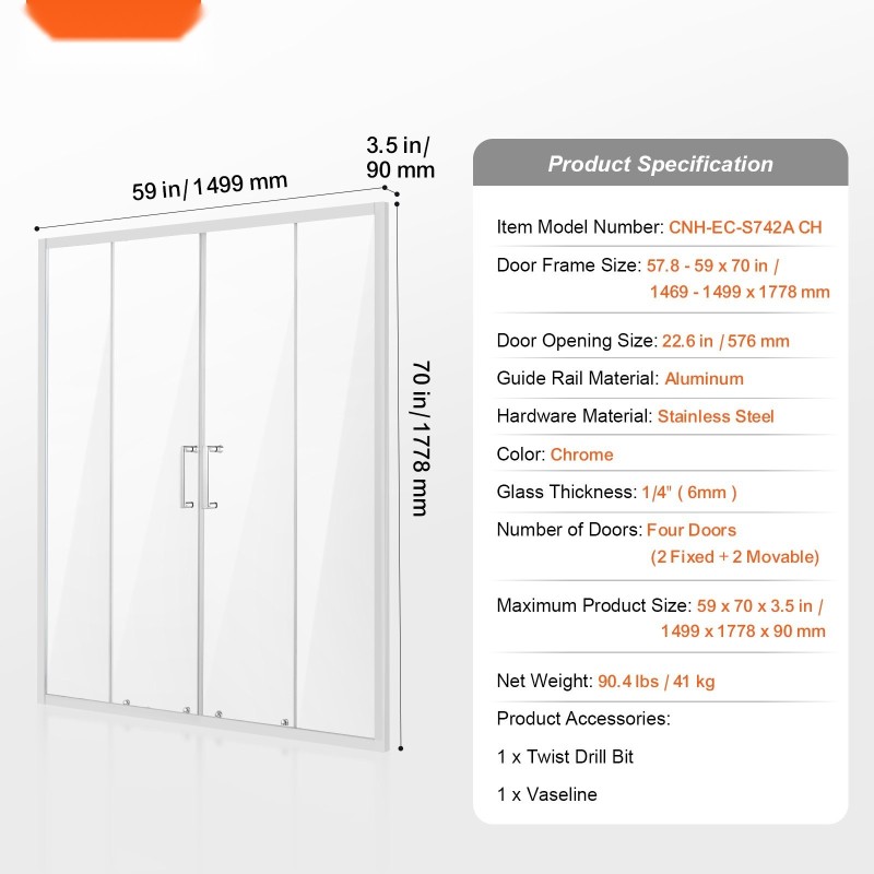 Puolikehyksetön suihkuovi 1469–1499 mm leveys 1778 mm 6 mm karkaistu lasi neliosainen